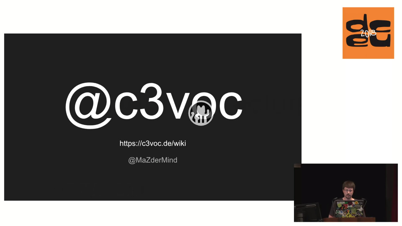 Slide "About me and the c3voc" of the Lightning-Talk "Recording Lectures with Python and GStreamer" at DjangoCon 2018